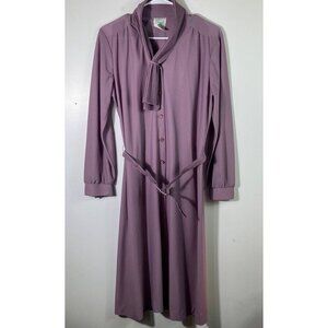 Womens Ina Carol Vintage USA Ascot Neck Bow Belted Pleated Dress Purple 14